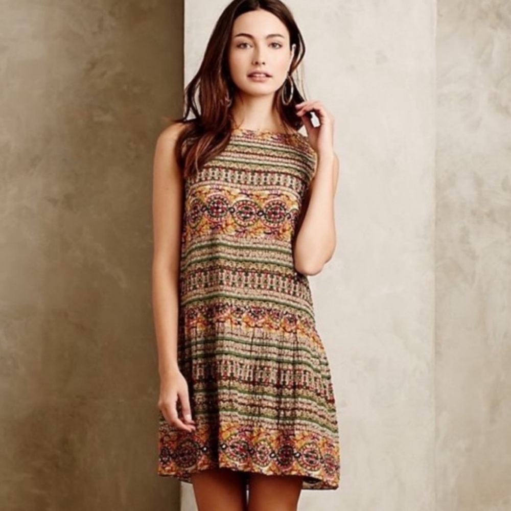 Hemant & Nandita Silk Beaded Boho Colorful Print Pattern Sleeveless Shift Dress